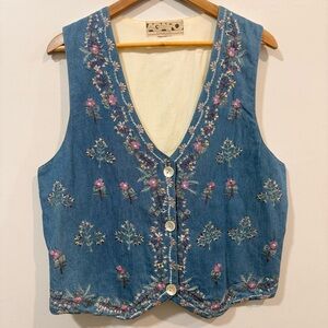 Agapo Vintage Blue Floral Embroidered Cottagecore Women's Vest Top Size M